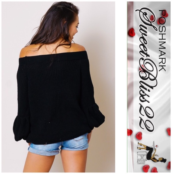 💋Black Off Shoulder Puff Sleeves Sweater💋 - Picture 3 of 5
